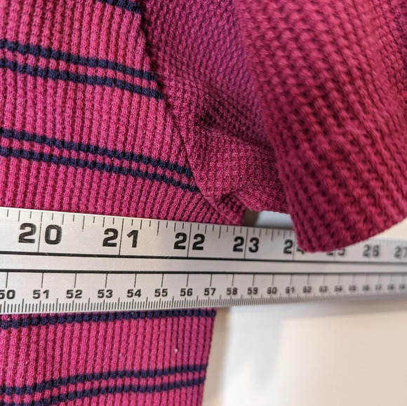 Vintage IMAGE Burgundy Pink & Navy Striped 1/4  Button Neck T Shirt Large - Picture 6 of 7